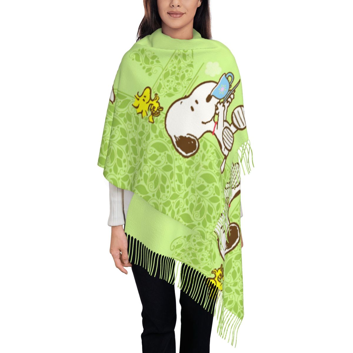 Pashmina Wrap Large - ผ้าพันคอผู้หญิง ประดับพู่ ลายสนูปปี้ สำหรับฤดูใบไม้ผลิ ผ้าคลุมไหล่และผ้าพันตัวขนาดใหญ่ นุ่ม